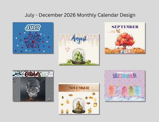 Artsy Undated Calendar July–December 2026 • Monthly Crystal & Flower Art • Decorative Cover Pages PrintableDigital product