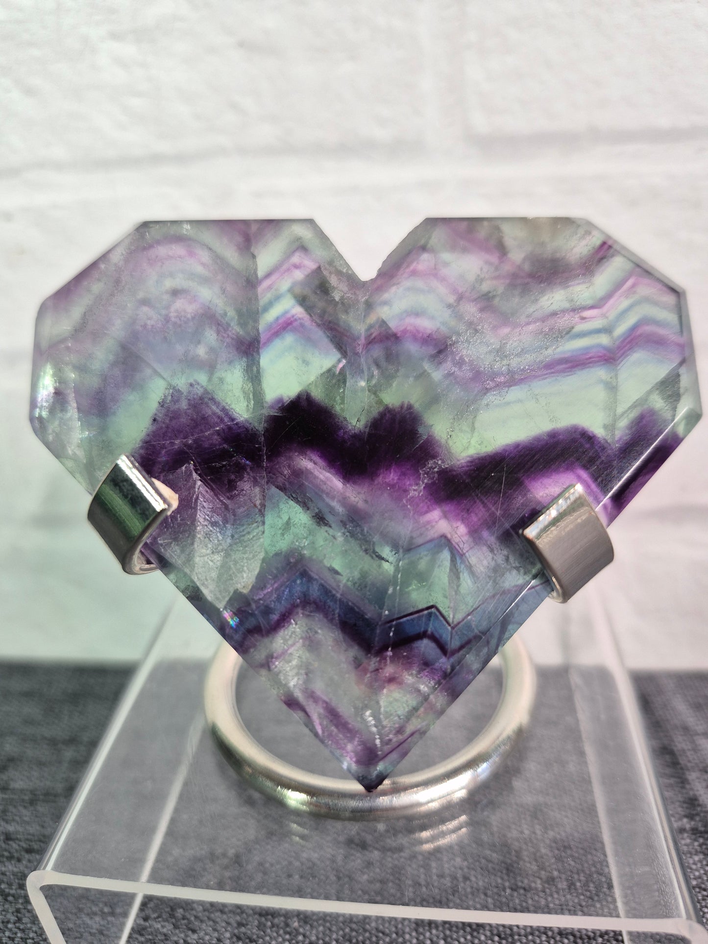 Faceted Cut Fluorite Heart on Stand
