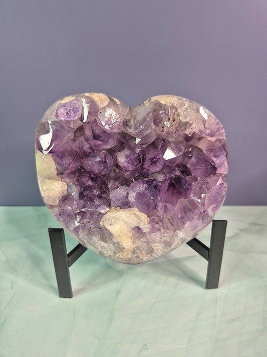 Amethyst Heart with Calcite on Stand