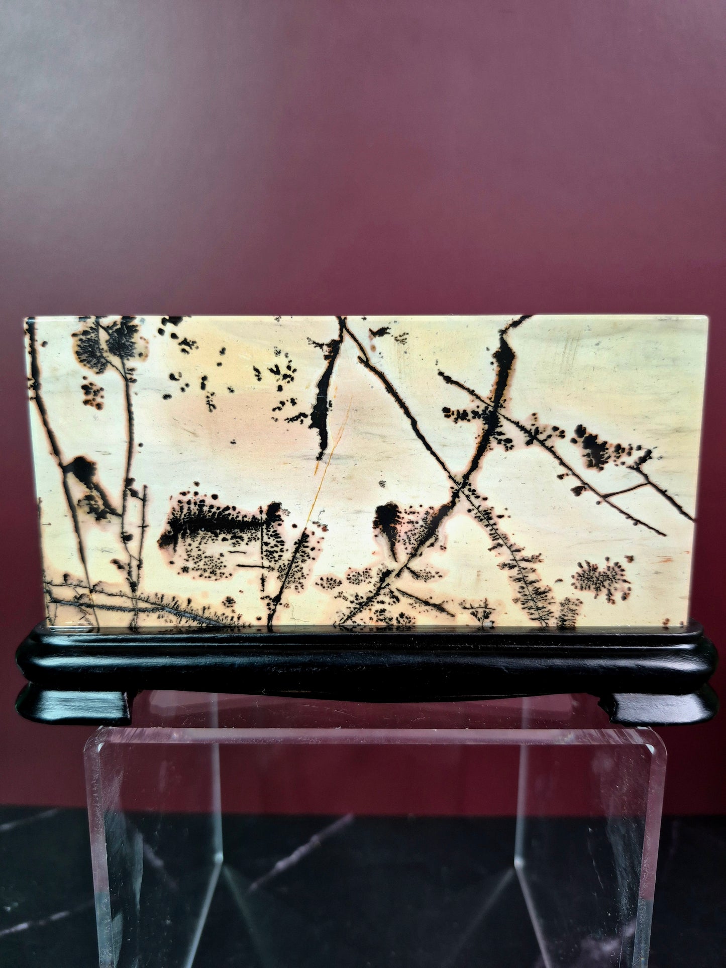Dendritic Picture Jasper Slab on Wood Stand