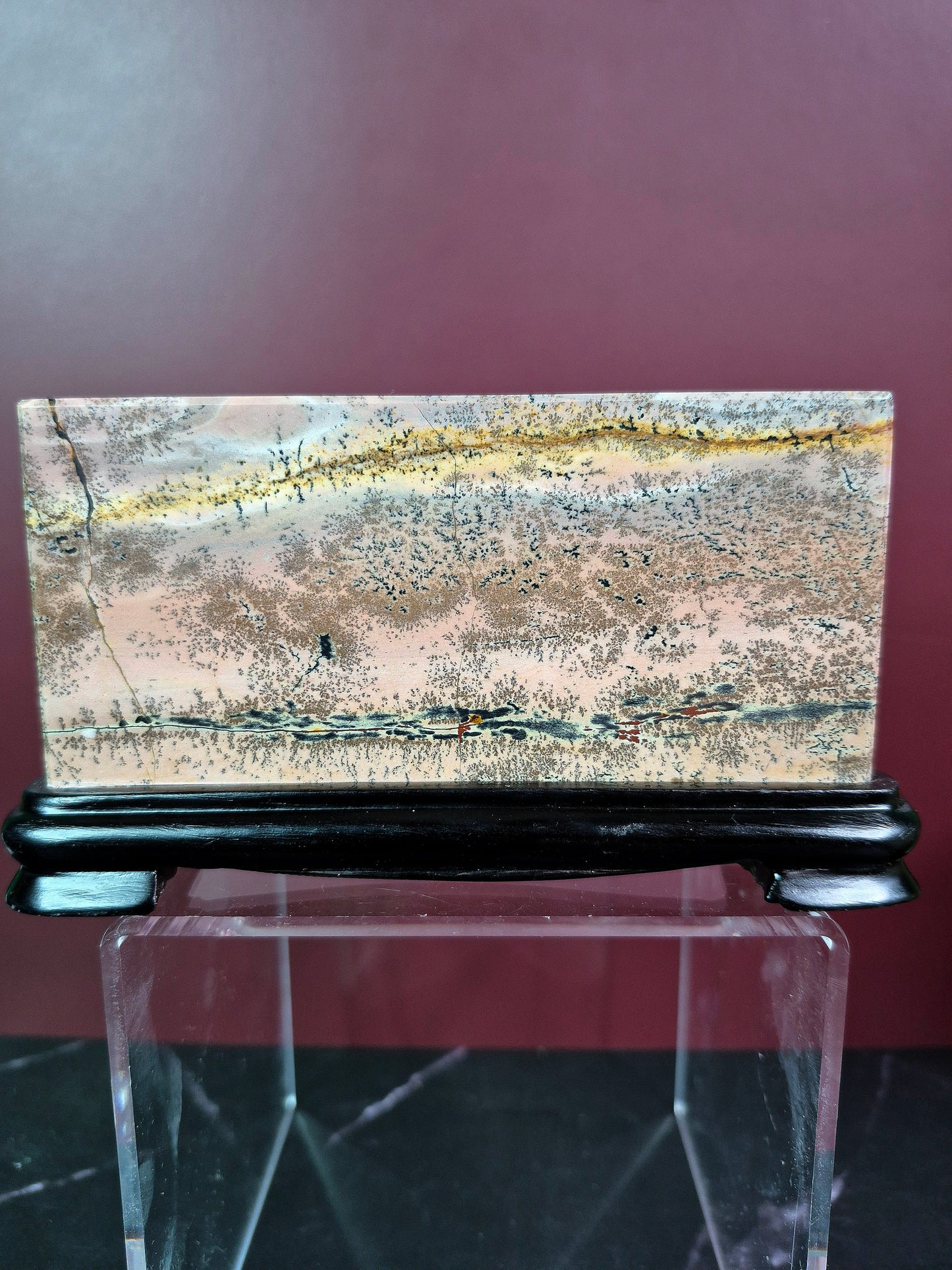 Dendritic Picture Jasper Slab on Wood Stand