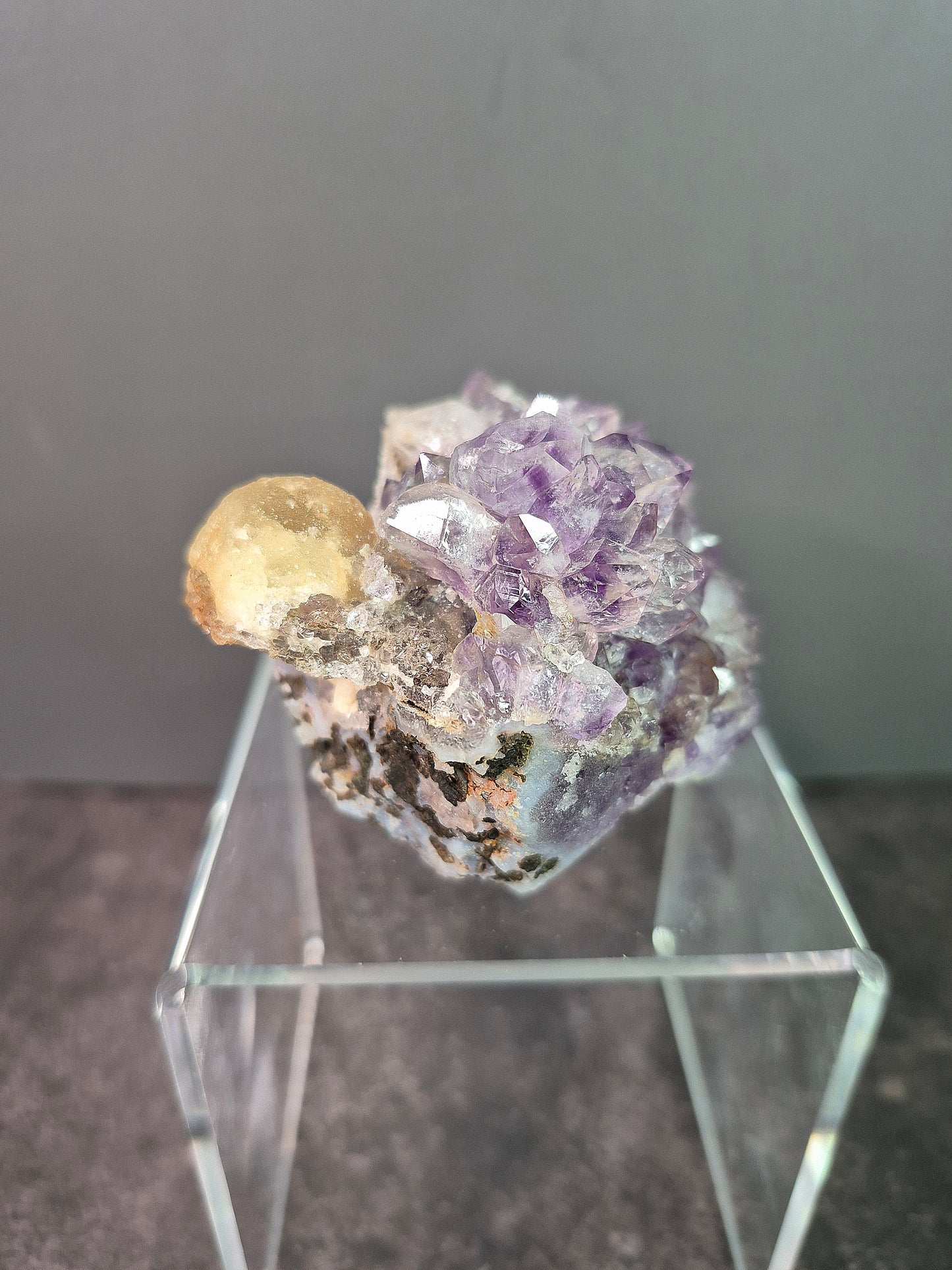 Botryoidal Fluorite Ball on Amethyst Cluster