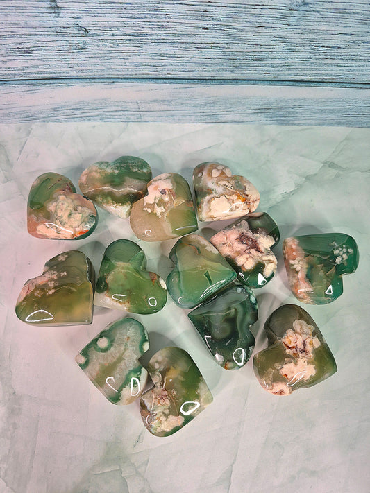 Green Sakura Flower Agate Hearts