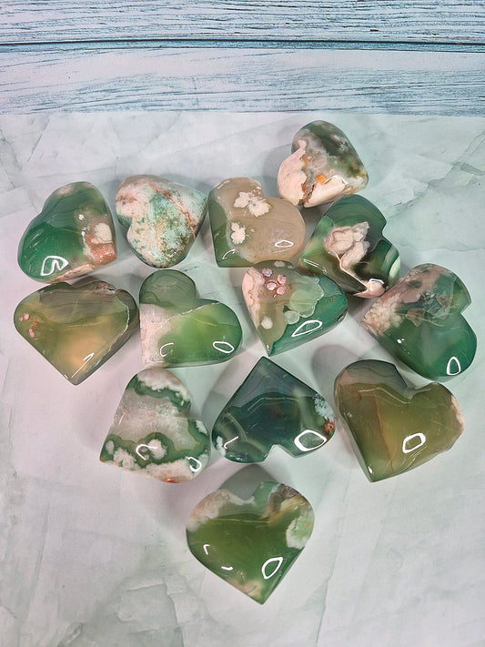 Green Sakura Flower Agate Hearts