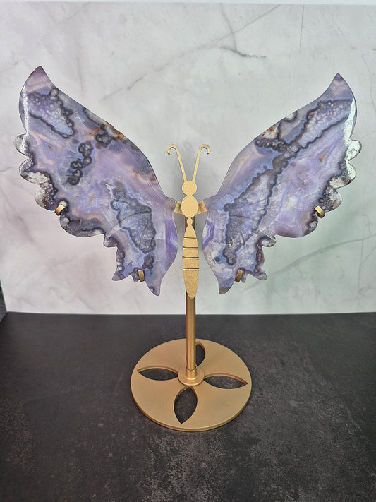 Blue Flower Agate Butterfly Wings on Stand