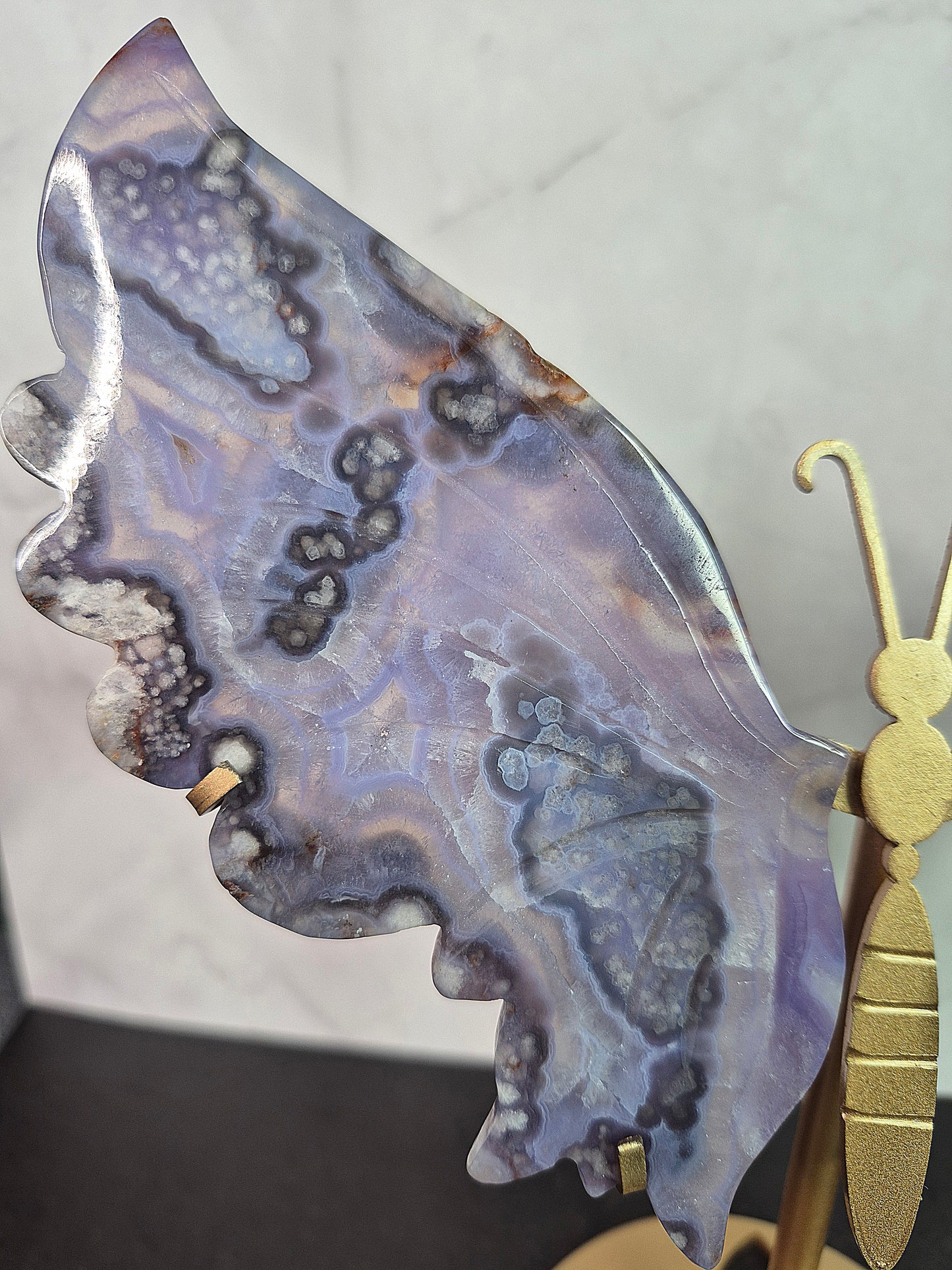 Blue Flower Agate Butterfly Wings on Stand