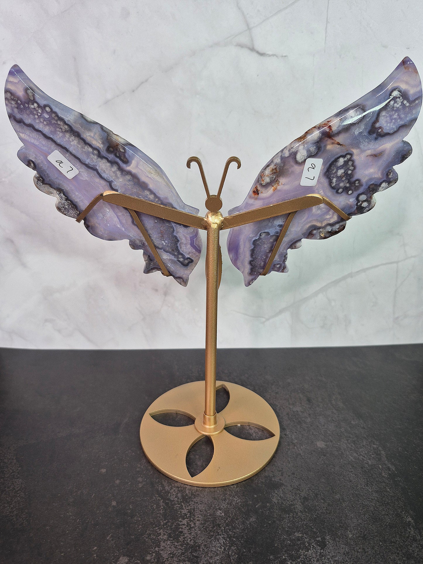 Blue Flower Agate Butterfly Wings on Stand