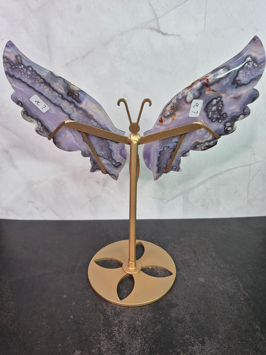 Blue Flower Agate Butterfly Wings on Stand