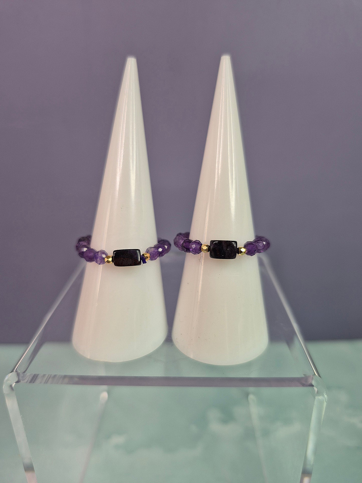 Faceted Cut Amethyst and Obsidian Beaded Ring