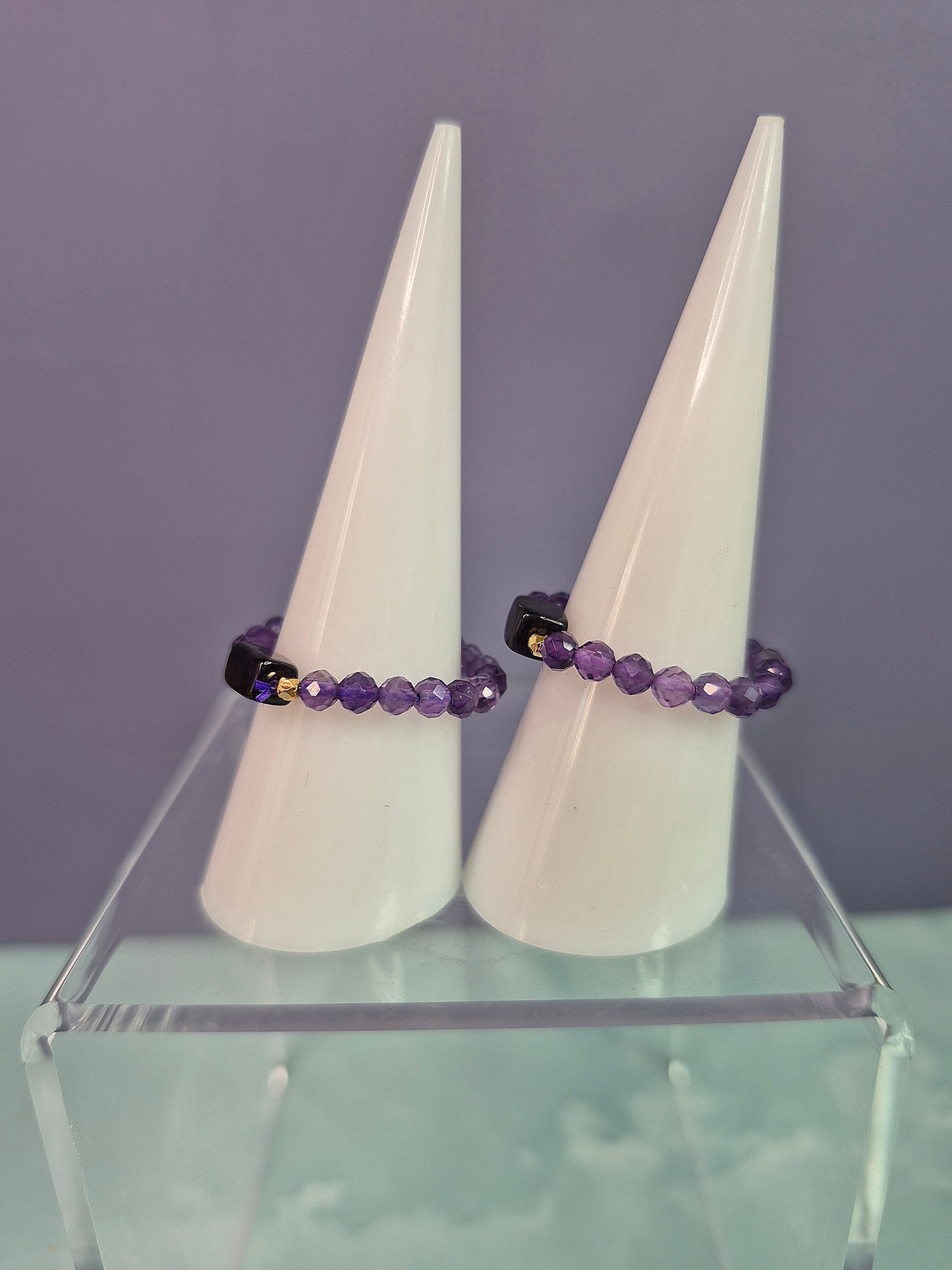 Faceted Cut Amethyst and Obsidian Beaded Ring