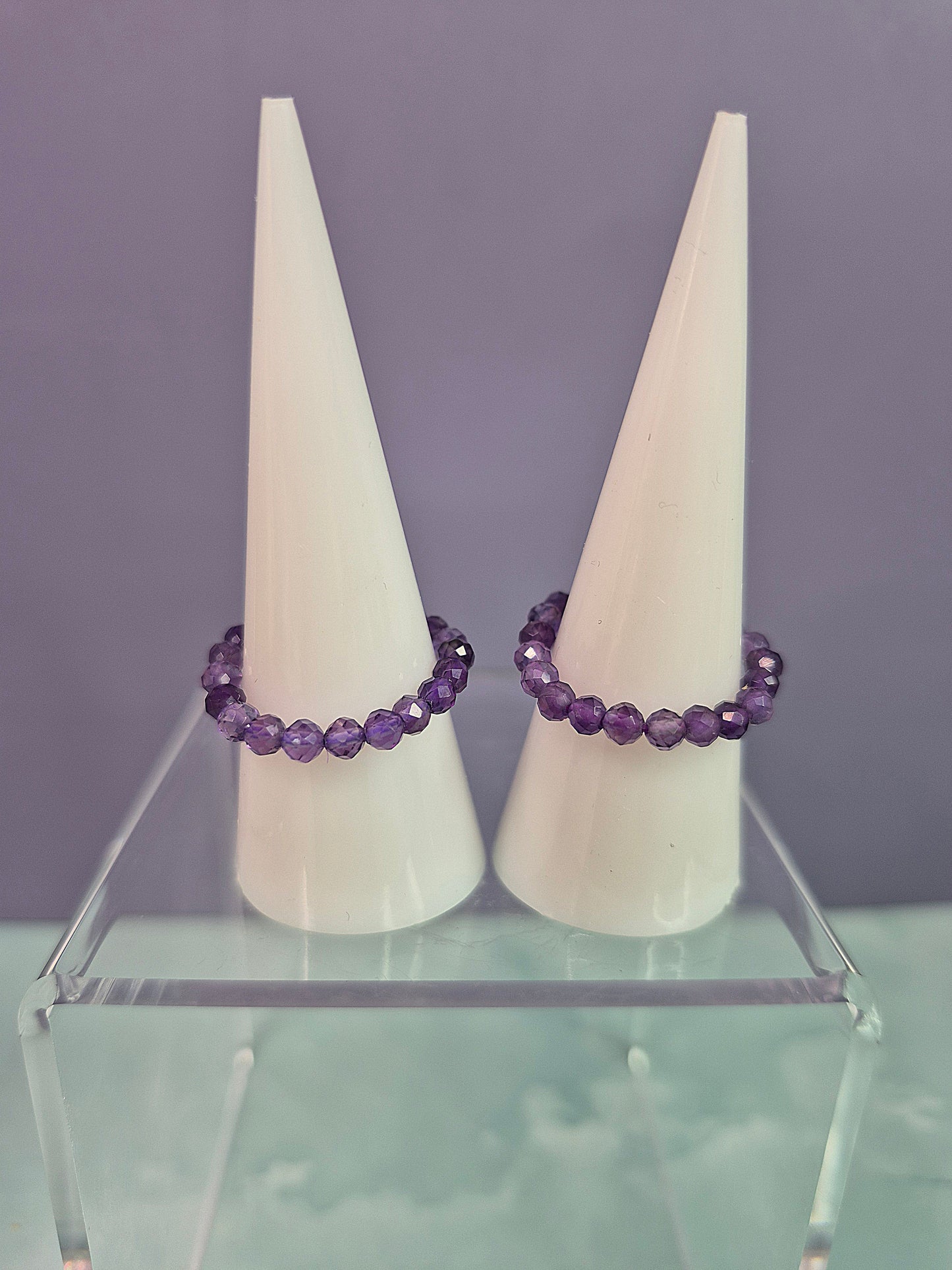 Faceted Cut Amethyst and Obsidian Beaded Ring