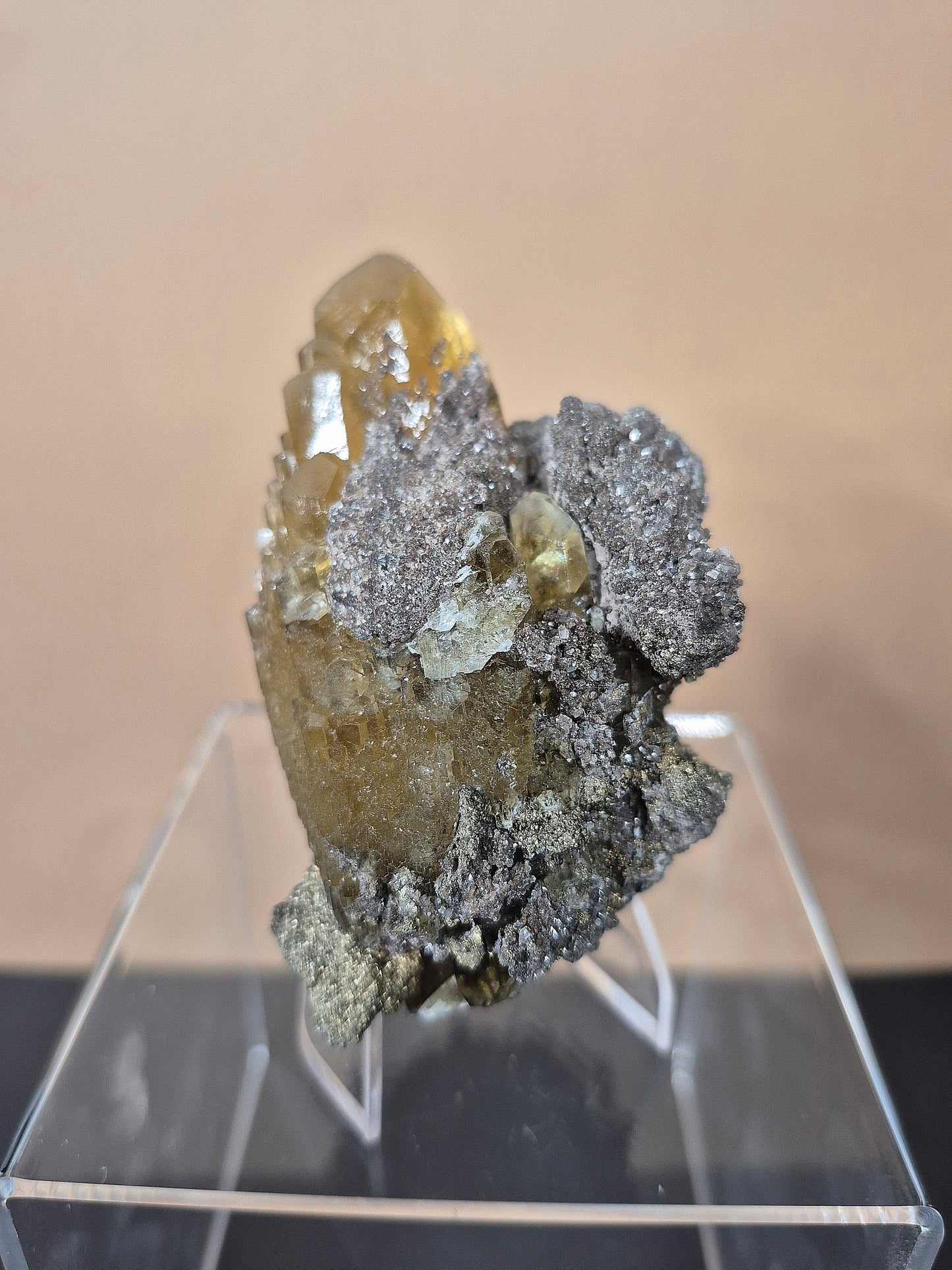 Golden Calcite Crystal with Sphalerite Crystal