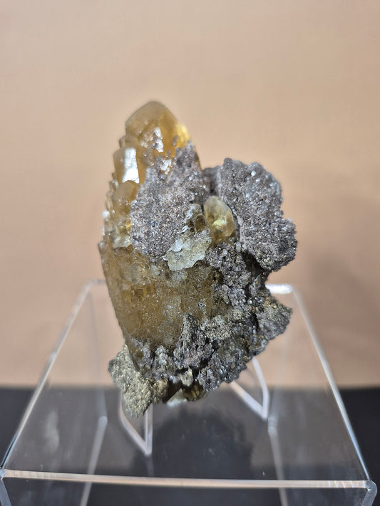 Golden Calcite Crystal with Sphalerite Crystal