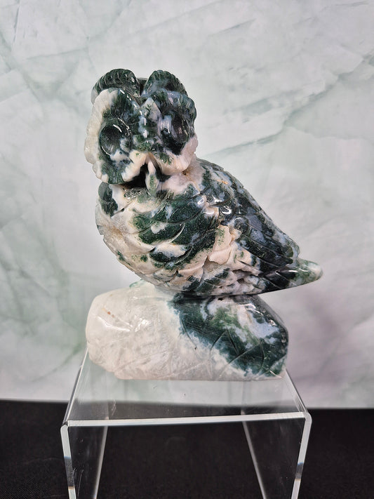 Green Moss Agate Owl Carving