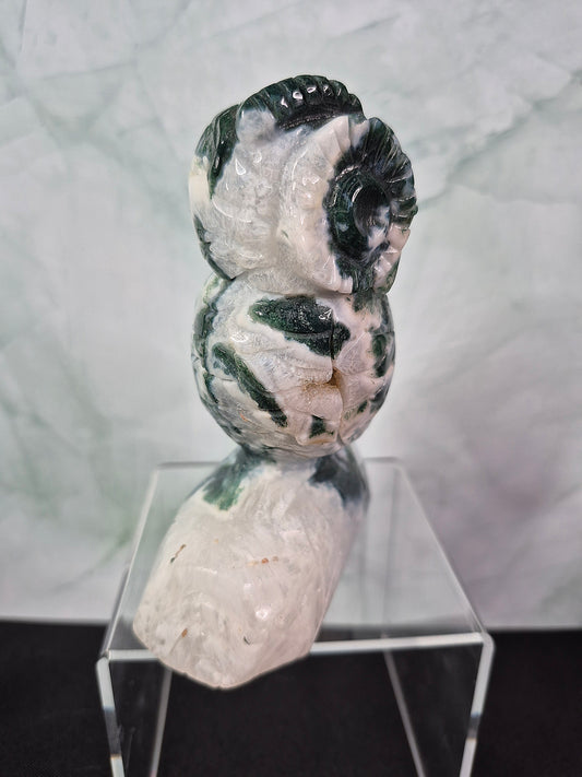 Green Moss Agate Owl Carving