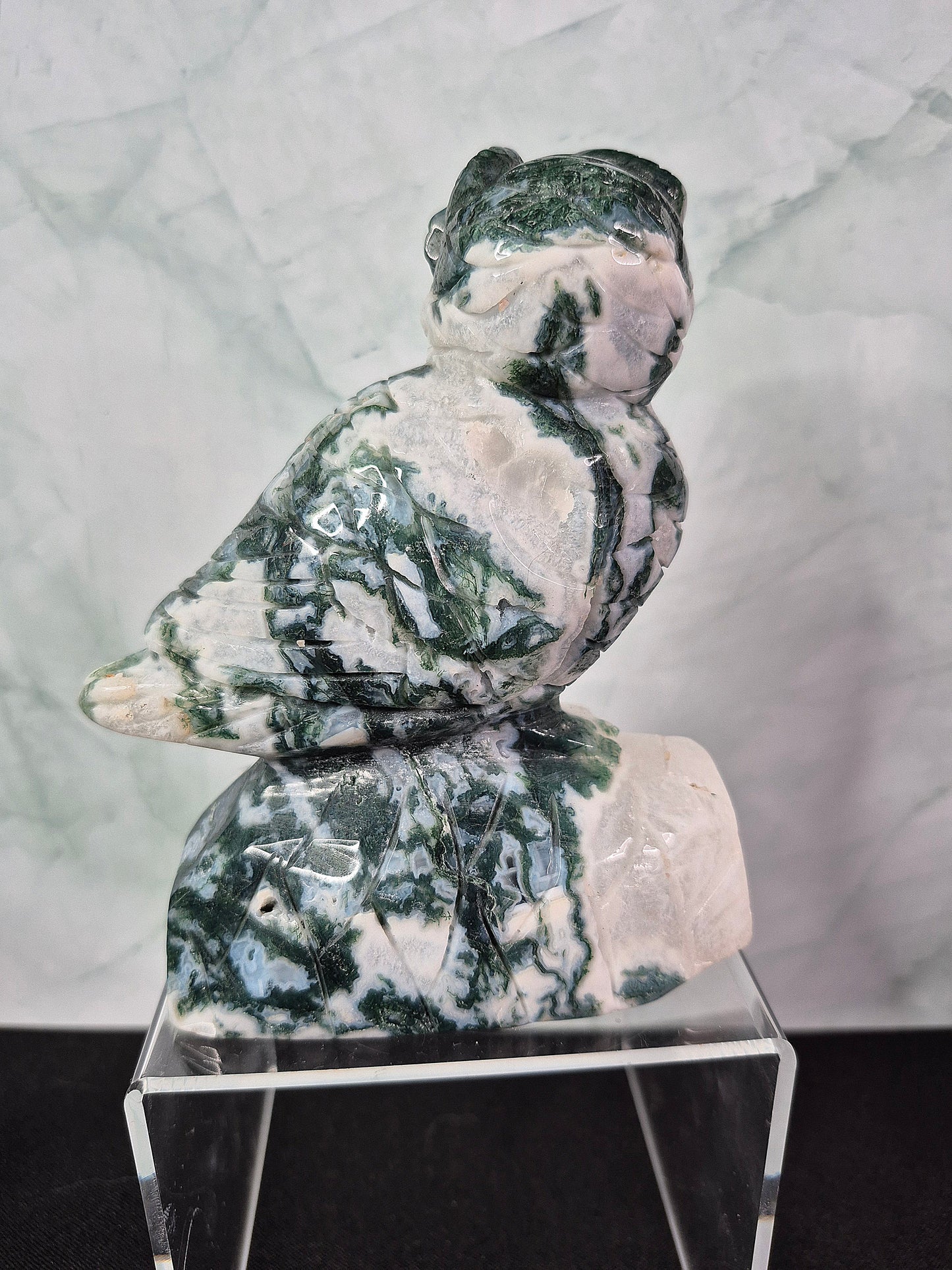 Green Moss Agate Owl Carving