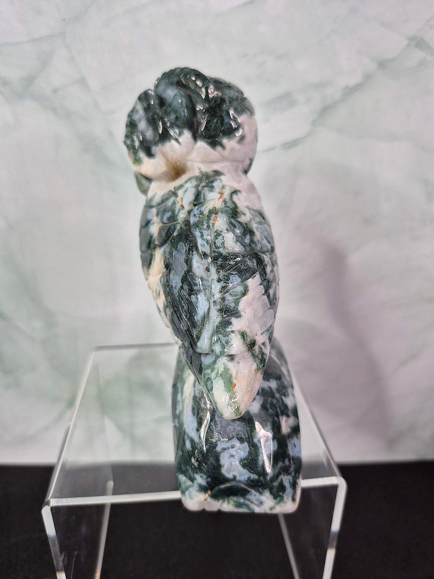 Green Moss Agate Owl Carving