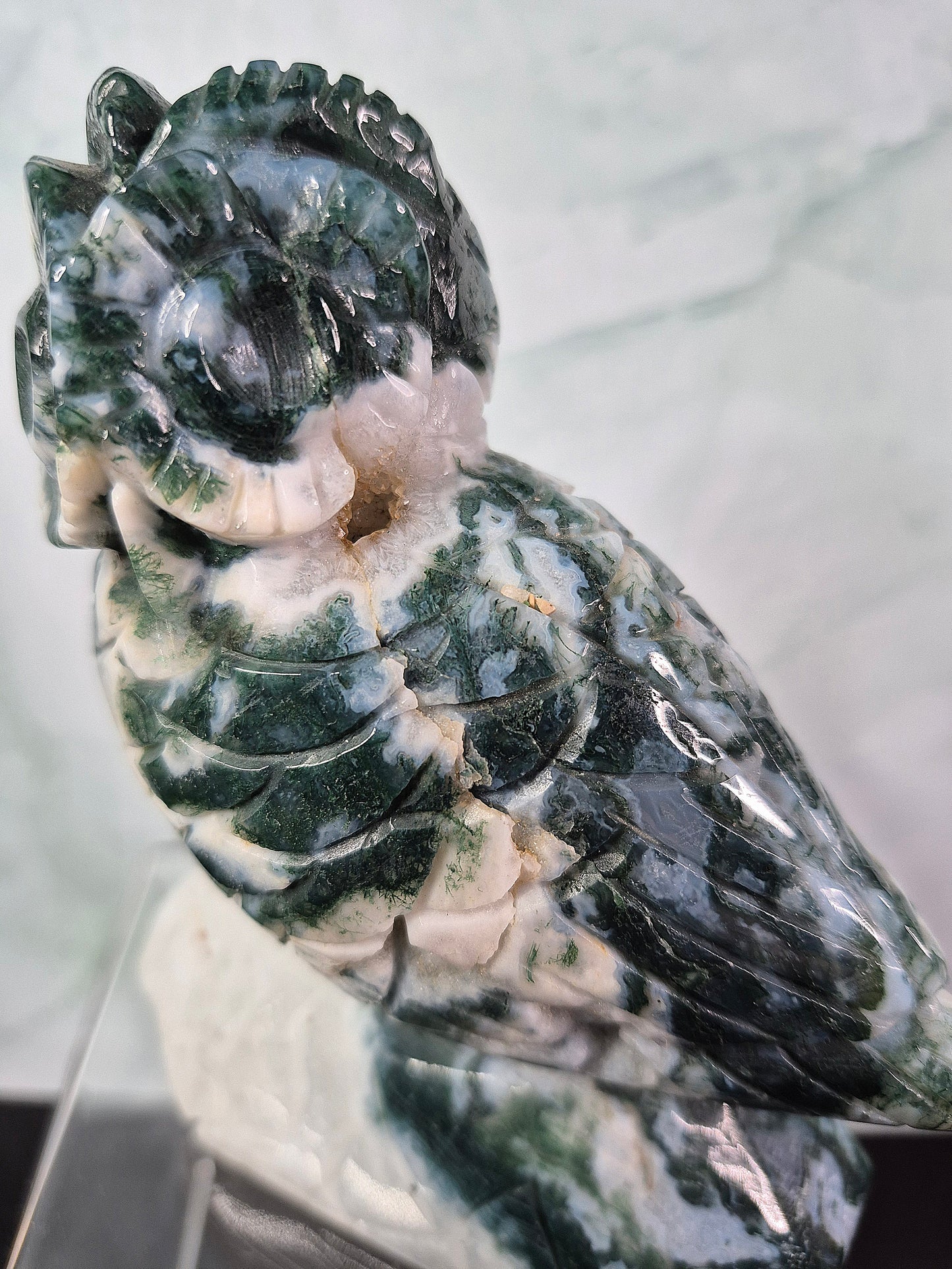 Green Moss Agate Owl Carving