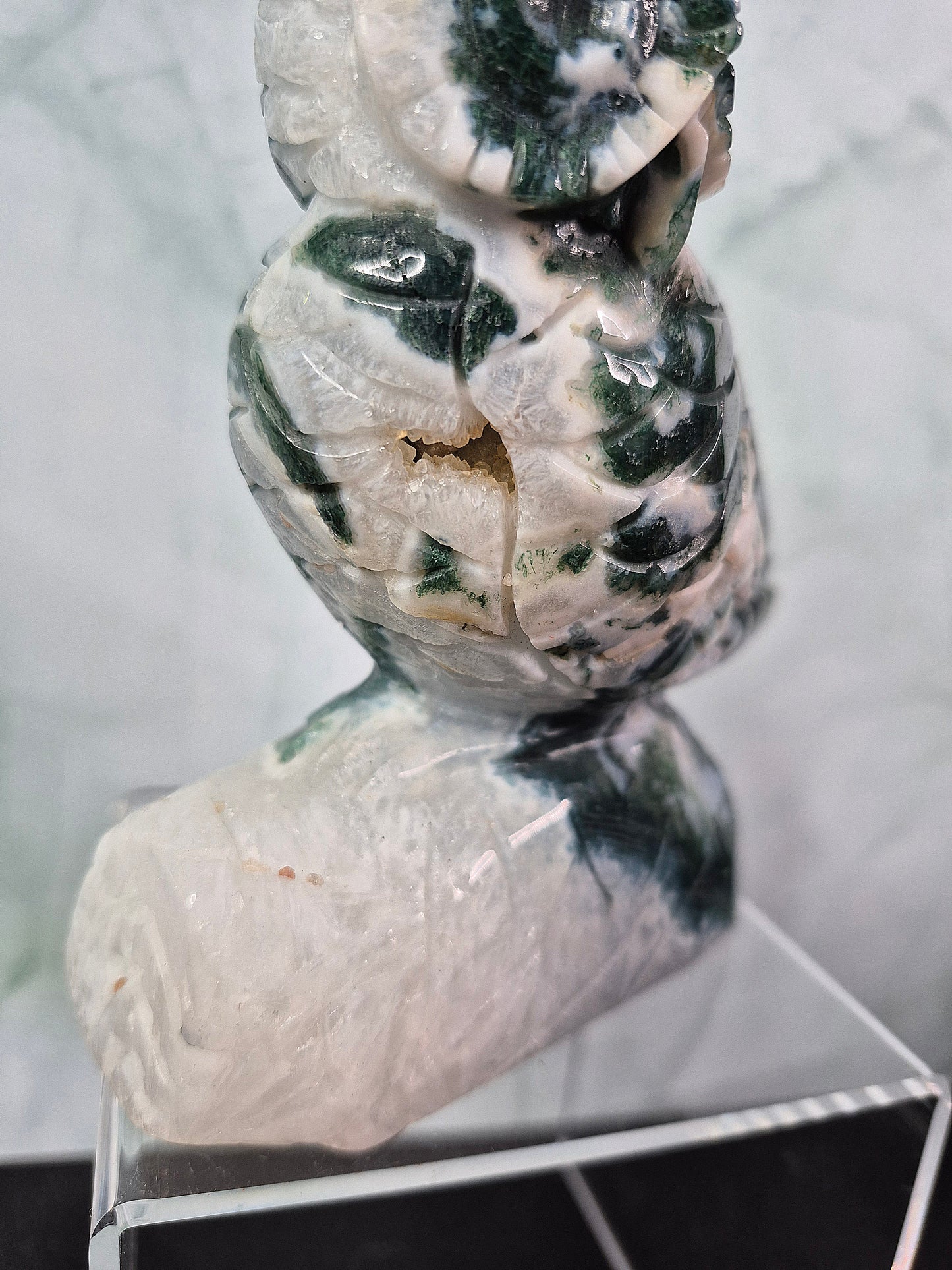 Green Moss Agate Owl Carving