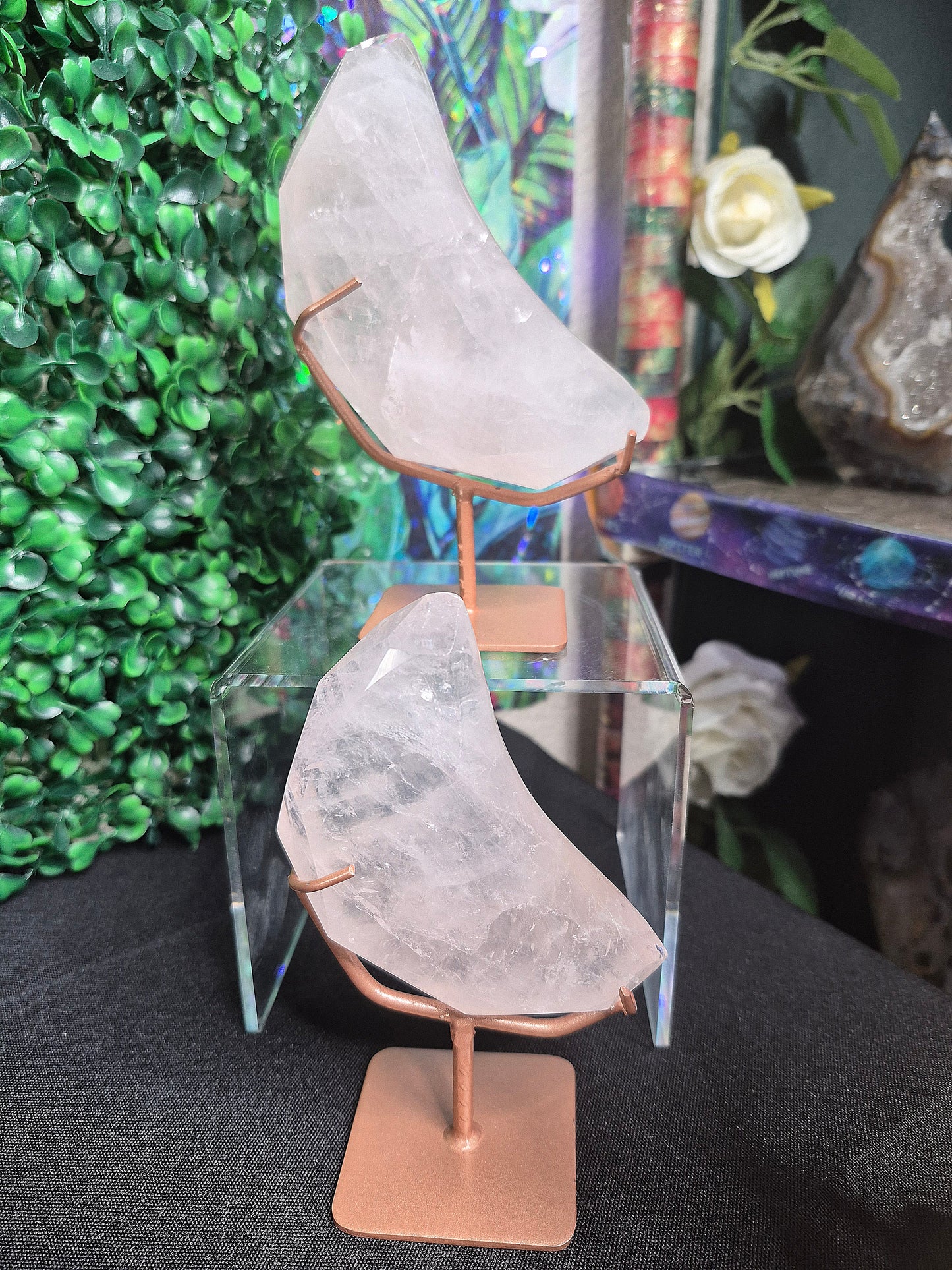 Faceted Cut Rose Quartz Moons on stands