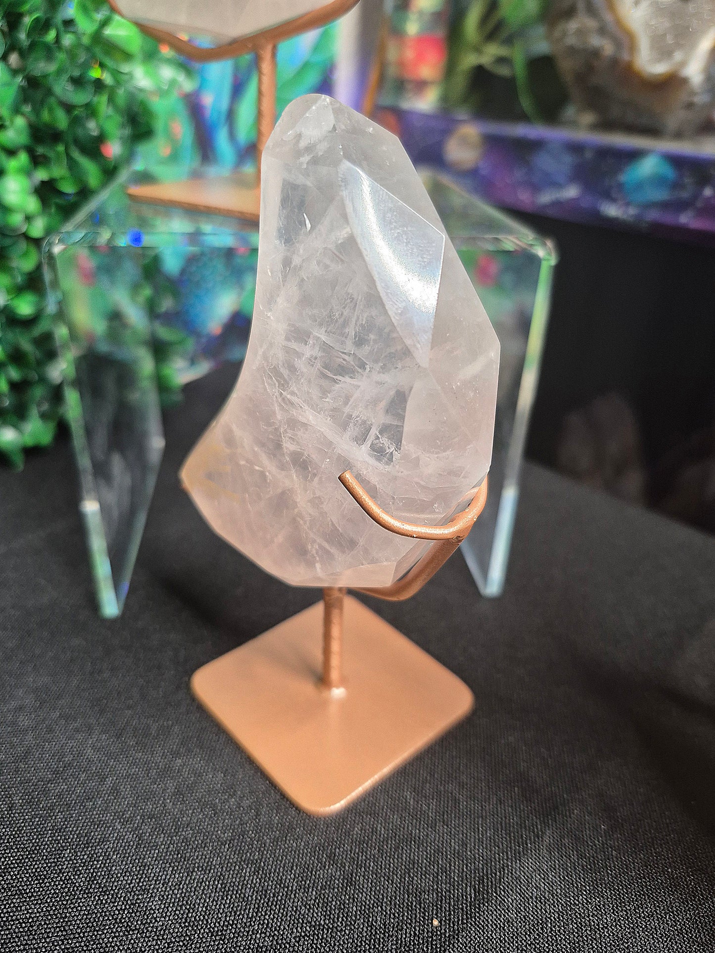 Faceted Cut Rose Quartz Moons on stands