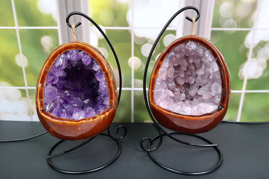 Rose Quartz & Amethyst Swinging Lamps with Stand