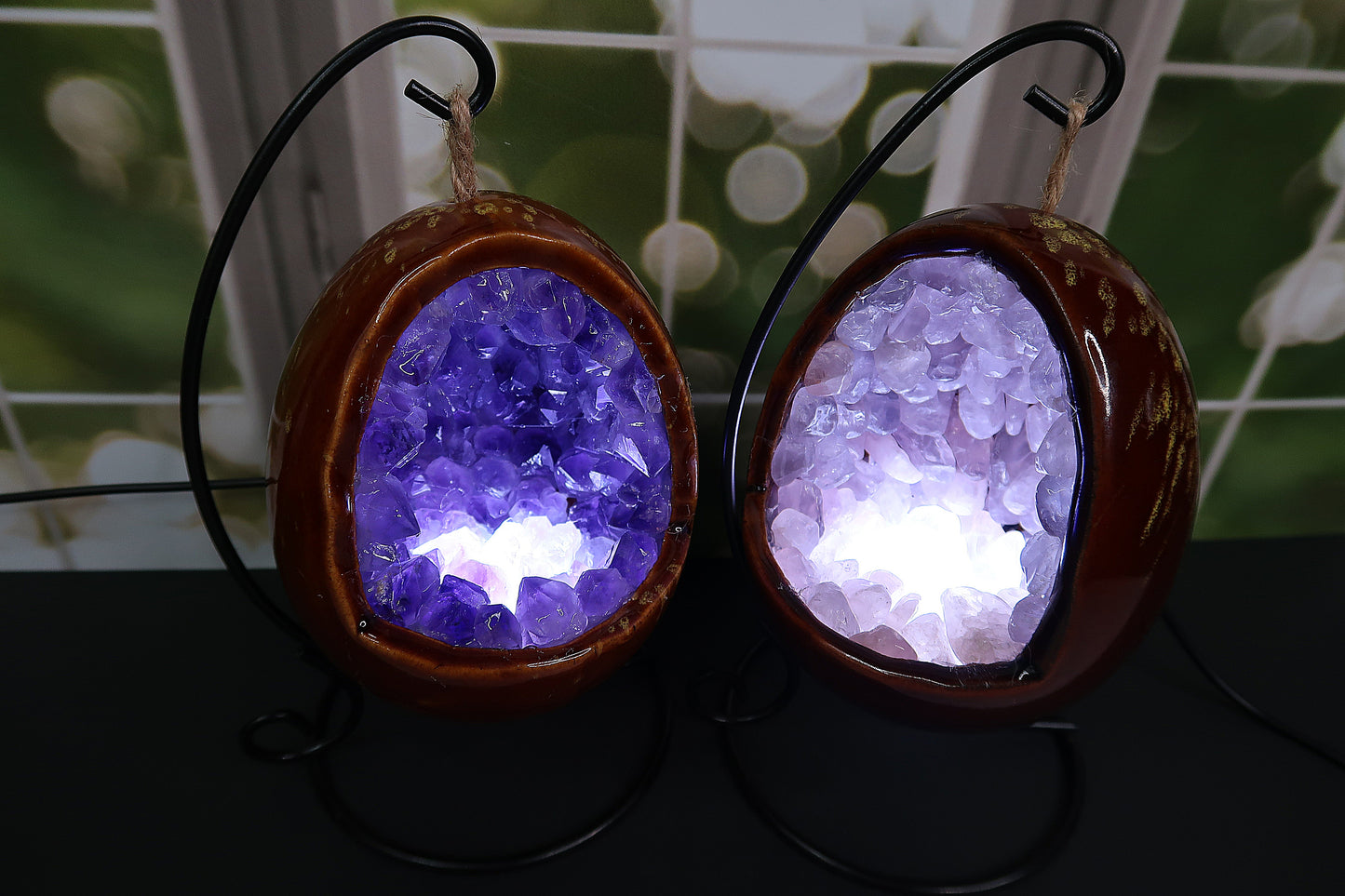 Rose Quartz & Amethyst Swinging Lamps with Stand