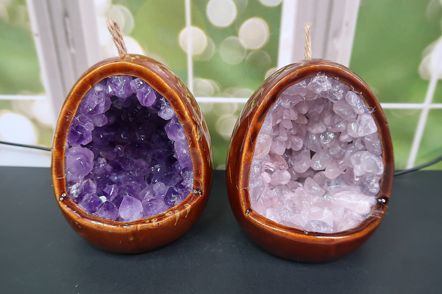 Rose Quartz & Amethyst Swinging Lamps with Stand