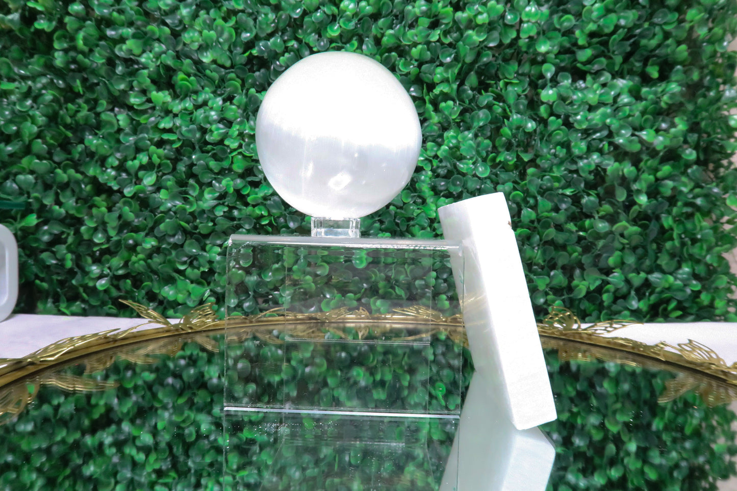 Selenite Sphere & Hamsa Hand Slab