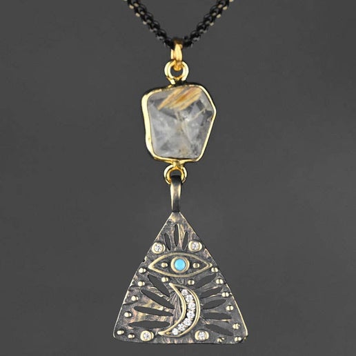 Ornate Moon and Eye with Golden Rutile Necklace
