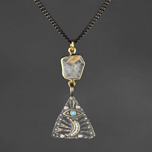 Ornate Moon and Eye with Golden Rutile Necklace