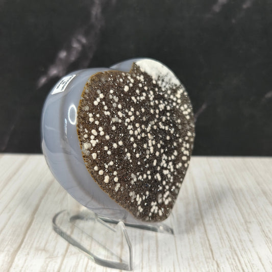 Glittering Dark Druzy Agate Heart with Quartz Accents