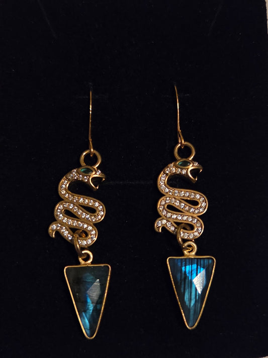 Labradorite Pave Crystal Snakes Triangle Drop Earrings