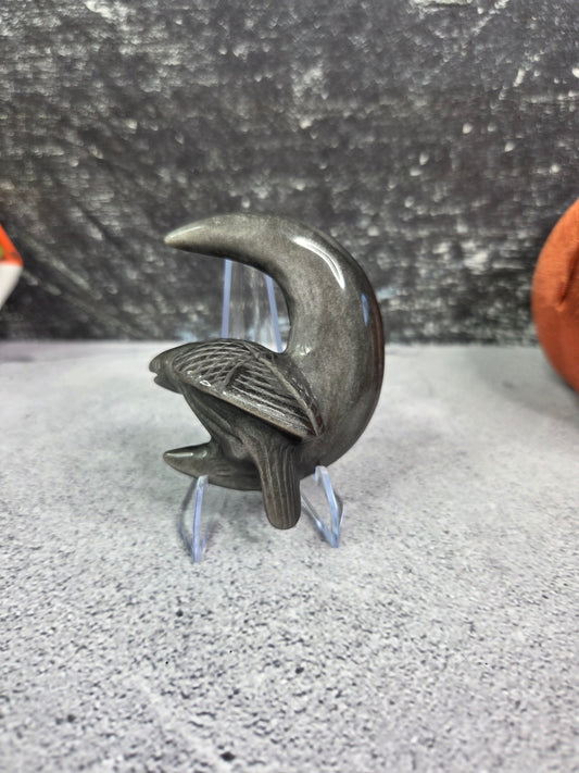 Silver Sheen Obsidian Raven & Moon Carving