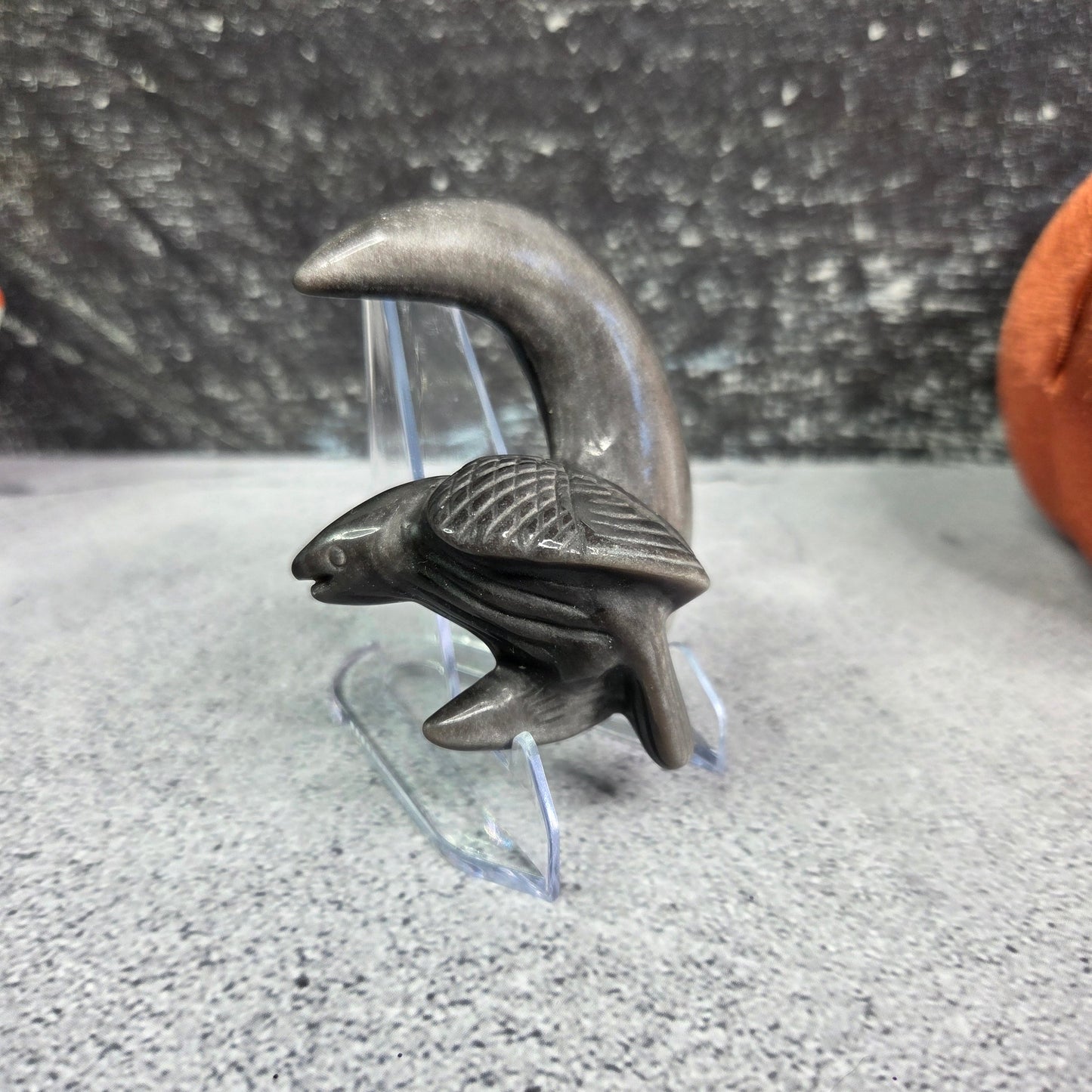 Silver Sheen Obsidian Raven & Moon Carving