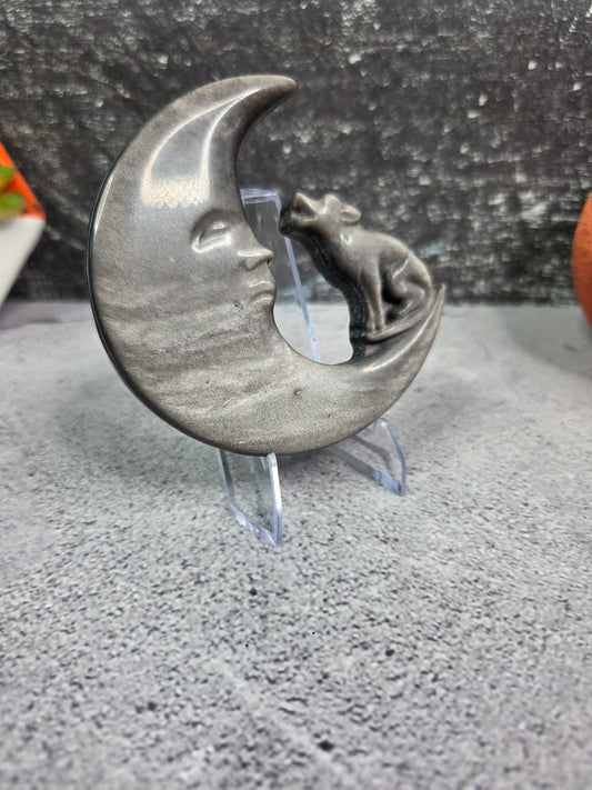 Silver Sheen Obsidian Wolf & Moon Carving