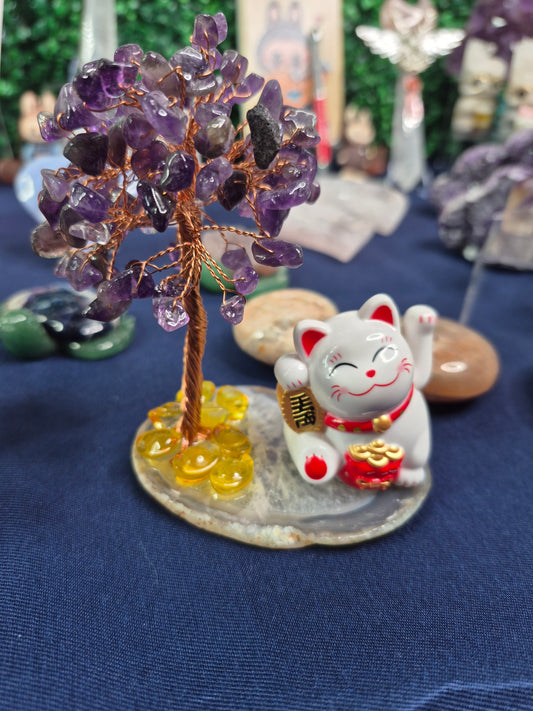 Amethyst Solar-Powered Lucky Cat Money Tree
