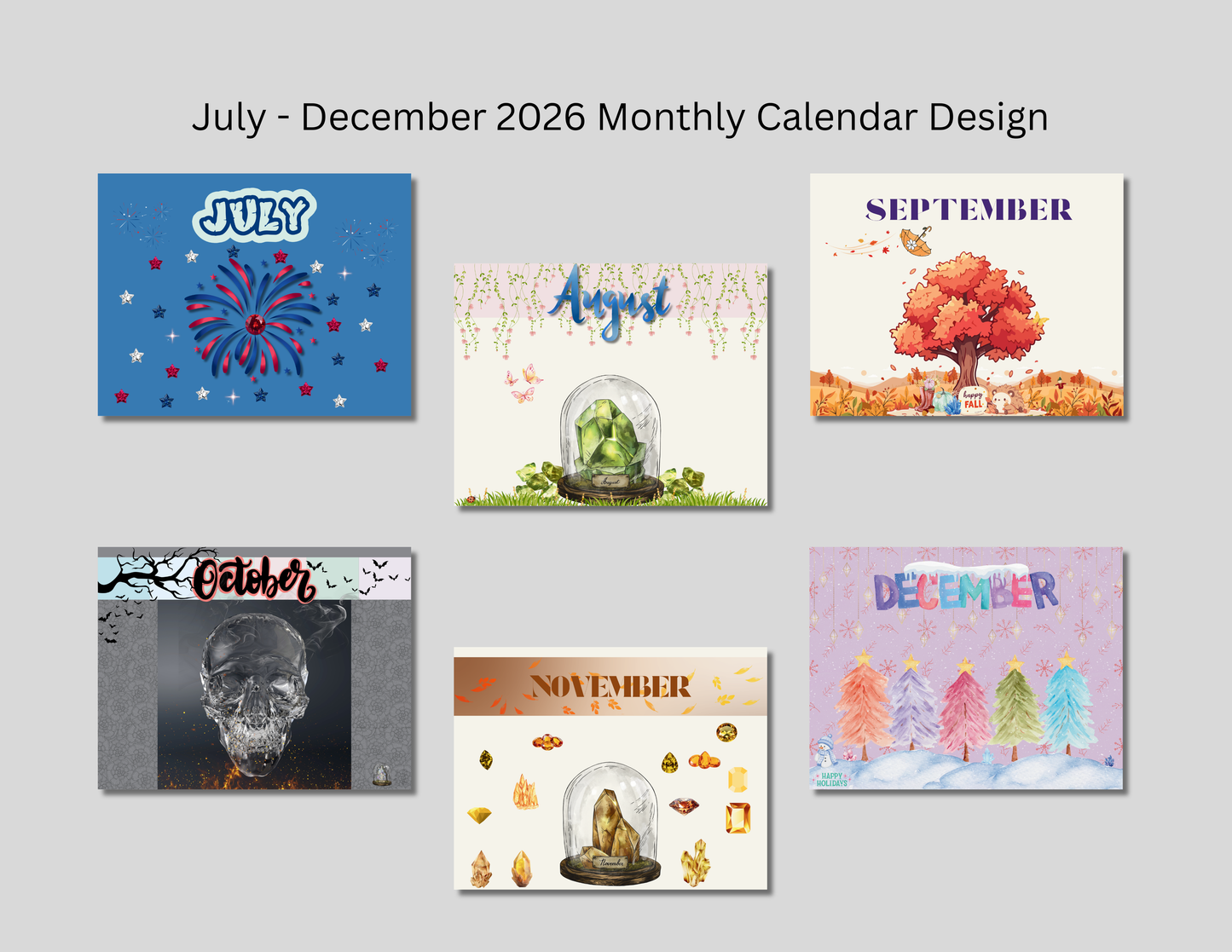 Artsy Undated Calendar July–December 2026 • Monthly Crystal & Flower Art • Decorative Cover Pages PrintableDigital product