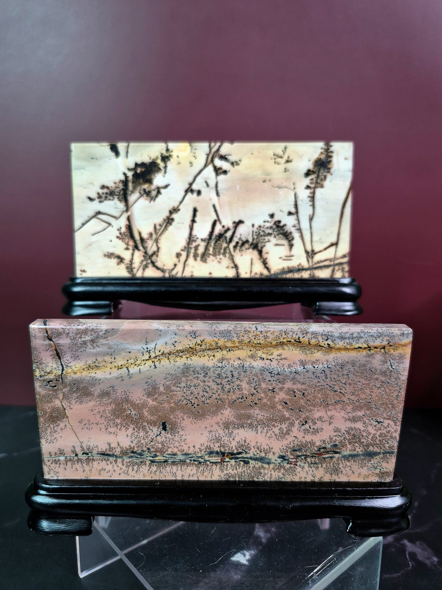 Dendritic Picture Jasper Slab on Wood Stand