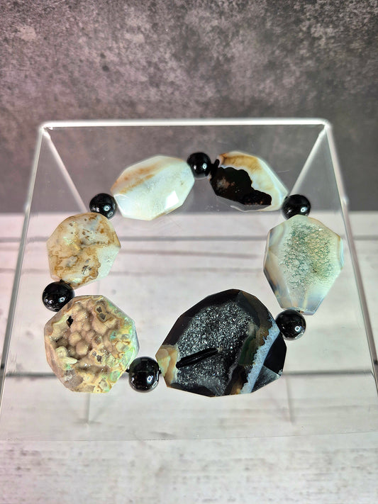 Stunning Black Agate Bracelet with Druzy