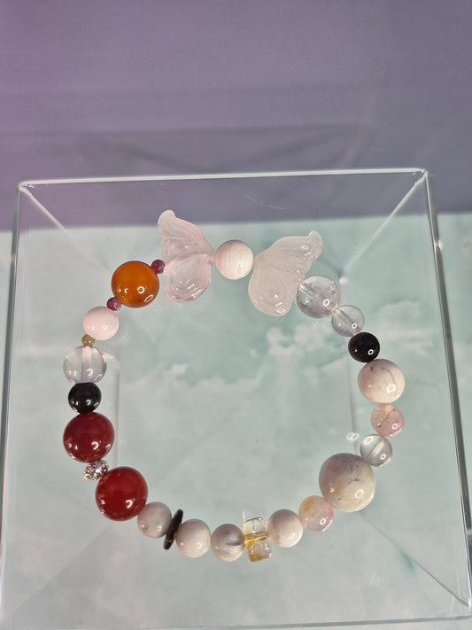Rose Quartz Butterfly Wing Multi Gem Beaded Bracelet