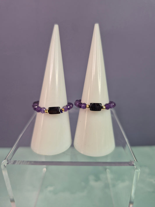 Faceted Cut Amethyst and Obsidian Beaded Ring