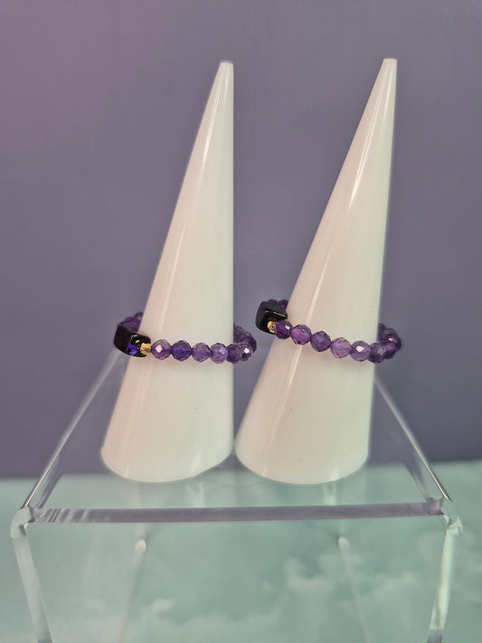 Faceted Cut Amethyst and Obsidian Beaded Ring
