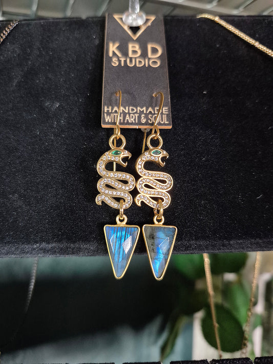 Labradorite Pave Crystal Snakes Triangle Drop Earrings