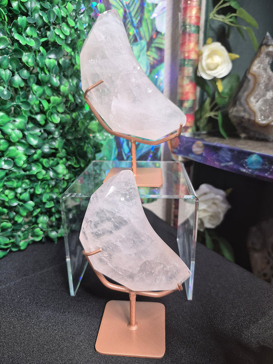 Faceted Cut Rose Quartz Moons on stands