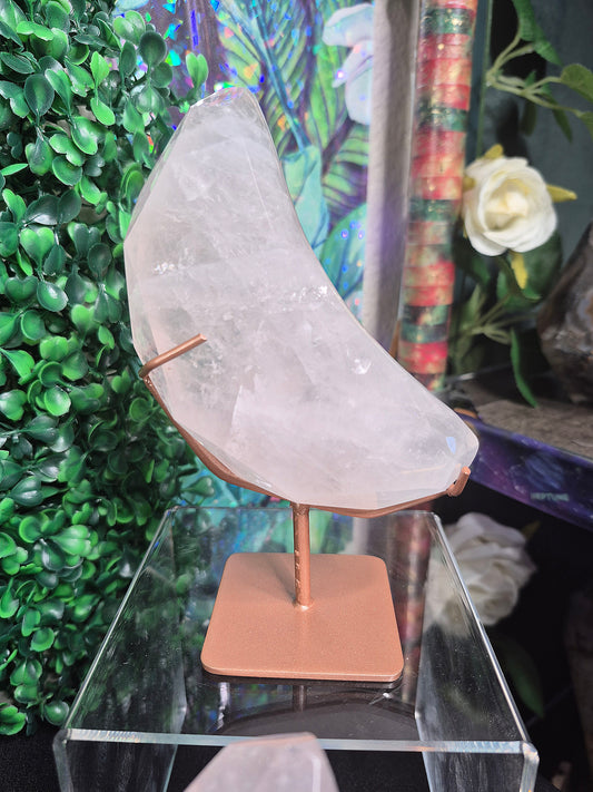 Faceted Cut Rose Quartz Moons on stands