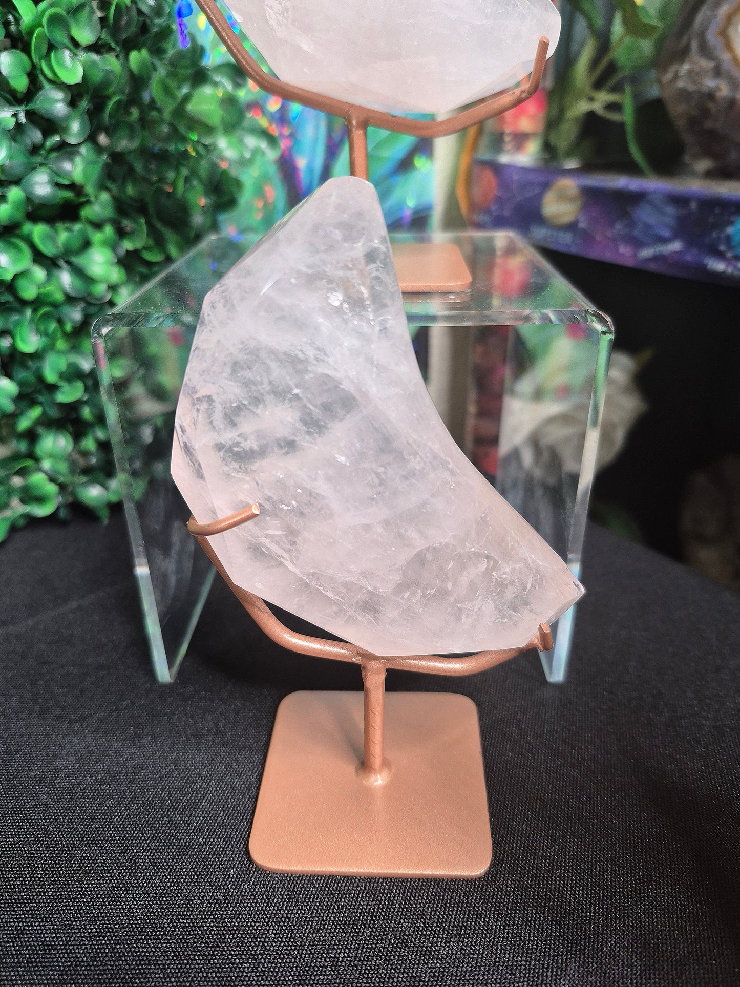 Faceted Cut Rose Quartz Moons on stands