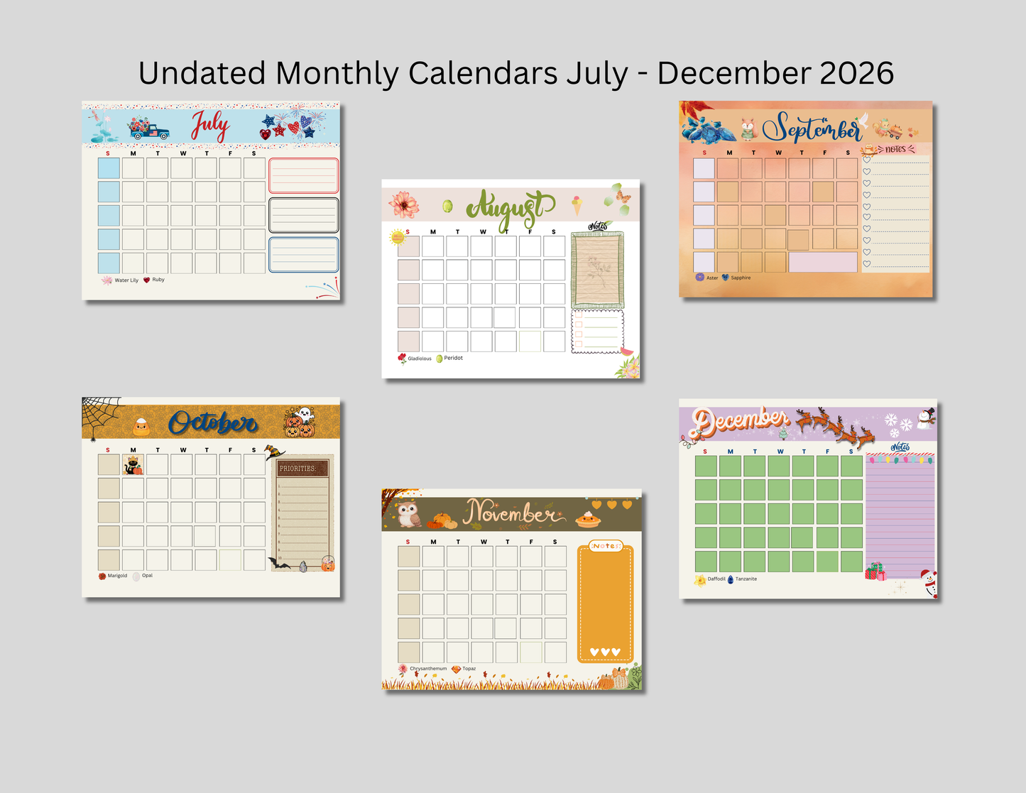 Artsy Undated Calendar July–December 2026 • Monthly Crystal & Flower Art • Decorative Cover Pages PrintableDigital product