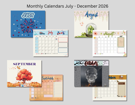 Artsy Undated Calendar July–December 2026 • Monthly Crystal & Flower Art • Decorative Cover Pages PrintableDigital product