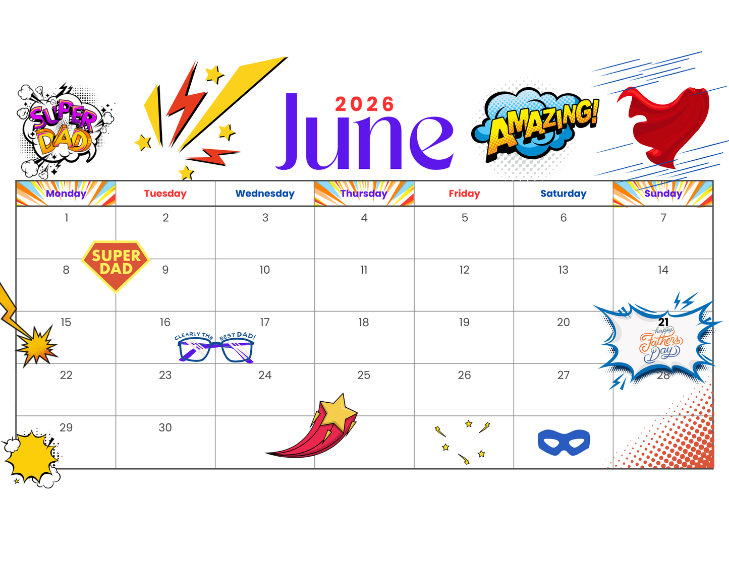 Superhero Dad June 2026 Calendar